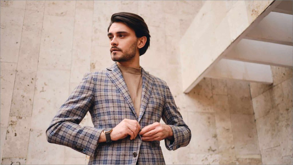 male model in plaid sportcoat