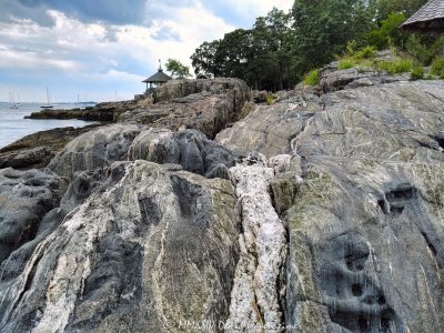 Larchmont Manor Park, Manor Park, Larchmont Manor, manor, Larchmont, 10538, park, waterfront, waterfront park, rocks, shore, Long Island Sound, New York, Westchester County, gazebos, Village of Larchmont, Westchester, shoreline, rocks, veins, geology, Paleozoic, Precambrian, shale, limestone, sandstone, sea rocks, sea, metamorphic, gneiss, schist, layers, folded, folds, pressure, crinkling, bending, bend, formations, rock, granite, banded, quartz, feldspar, mica, hornblende, coast, United States, horizontal, color, 1-13439195601,