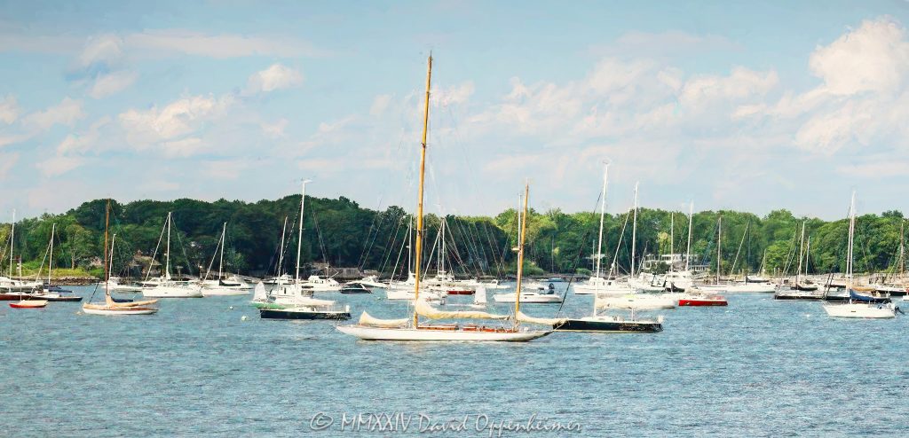 Larchmont Harbor, sailboats, sailing, yachts, Edgewater, Edgewater Point, Greacen Point, harbor, boats, boating, East Creek, Larchmont Yacht Club, yacht club, yachting, Cedar Island, South Ledge, Larchmont Manor Park, Manor Park, Larchmont Manor, manor, Larchmont, 10538, park, waterfront, waterfront park, rocks, shore, summer, summering, Long Island Sound, New York, Westchester County, Village of Larchmont, Westchester, art, artwork, painting, realism, shoreline, coast, United States, horizontal, color, 1-13439195601,
