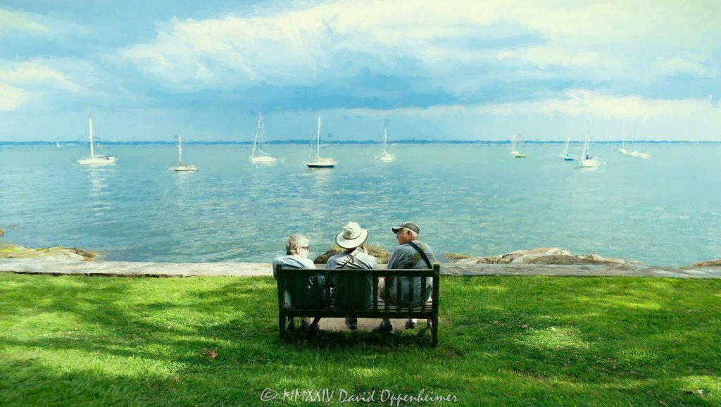 Larchmont Manor Park, Manor Park, Larchmont Manor, manor, Larchmont, 10538, park, waterfront, waterfront park, rocks, shore, Long Island Sound, New York, Westchester County, gazebo, sailboats, boats, retire, clouds, view, Village of Larchmont, art, artwork, retirement, The Conversation, conversation, converse, realism, Westchester, shoreline, coast, United States, horizontal, color, 1-13439195601,