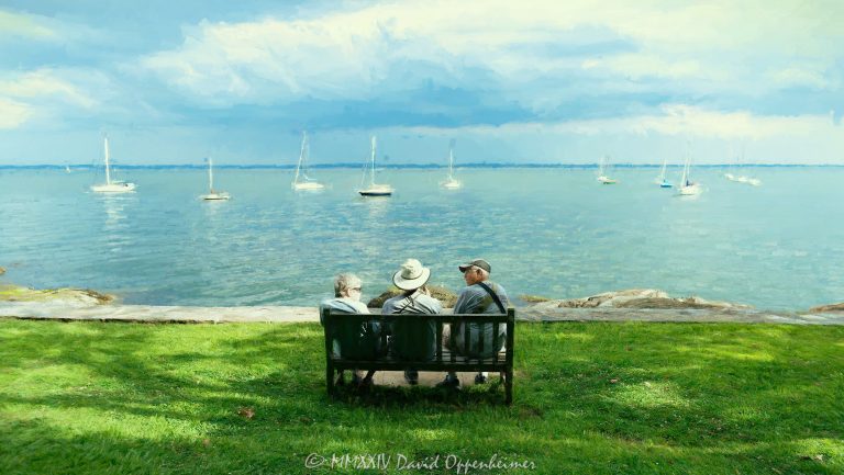 Larchmont Manor Park, Manor Park, Larchmont Manor, manor, Larchmont, 10538, park, waterfront, waterfront park, rocks, shore, Long Island Sound, New York, Westchester County, gazebo, sailboats, boats, retire, clouds, view, Village of Larchmont, art, artwork, retirement, The Conversation, conversation, converse, realism, Westchester, shoreline, coast, United States, horizontal, color, 1-13439195601,