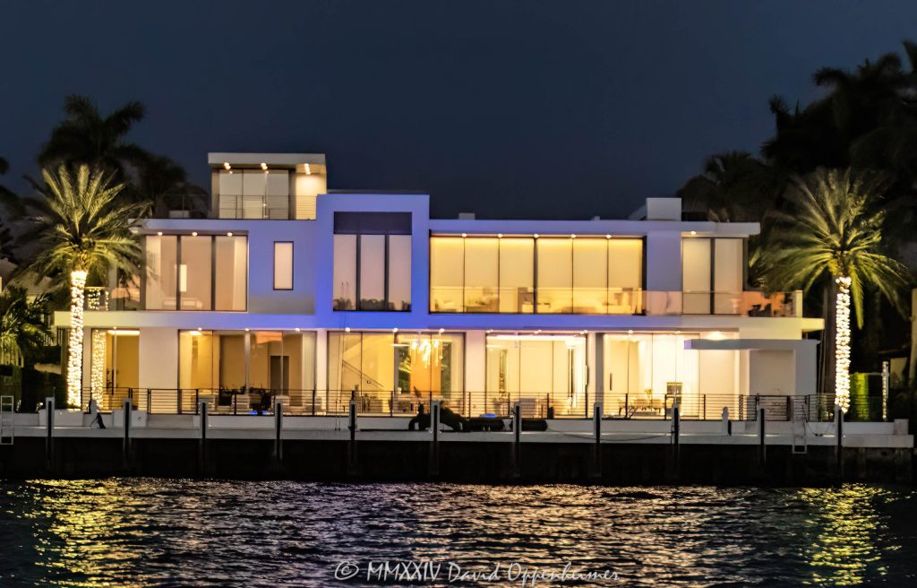 2412 Laguna Dr luxury waterfront estate in Harbor Beach neighborhood in Las Olas in Fort Lauderdale, Florida - © 2024 David Oppenheimer - Performance Impressions photography archives - https://performanceimpressions.com 2412 Laguna Dr, 2412 Laguna Drive, Harbor Beach, neighborhood, Fort Lauderdale, Florida, estate, facade, waterfront, mansion, luxury real estate, real estate, Fort Lauderdale real estate, dock, dockage, home, house, stunning, Intracoastal, Intracoastal Waterway, gated community, community, private community, waterfront estate, private, prestigious, balcony, balconies, windows, 33316, South Florida, Broward County, security, Las Olas, Randall Stofft Architects, Sarkela Corp, contemporary, modern, exclusive, property, peninsula, luxury estate, smart home, resort-style, outdoor living, Atlantic Laguna Holdings, CrossCountry, Ronald J. Leonhardt Jr., Stranahan River, Fort Lauderdale Sandbar, East Fort Lauderdale, architecture, sunset, palm trees, tropical, grounds, yard, night, lights, lighting, lit up, David Oppenheimer, color, horizontal, United States, VAu 1-530-124, 1-13553735171,