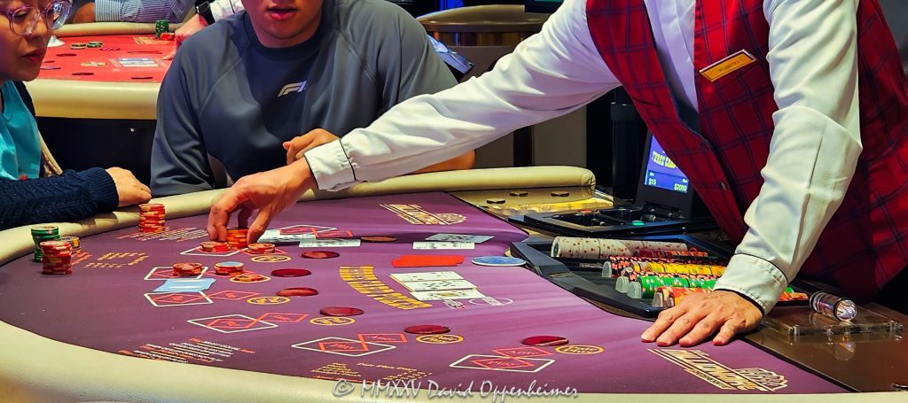 Three Card Poker table gambling at The Venetian casino in Las Vegas, Nevada - © 2025 David Oppenheimer - Performance Impressions casino photography archives - https://performanceimpressions.com Three Card Poker, Three Card Poker table, Three Card Poker Vegas, Three Card Poker gambling, Poker, Poker table, The Venetian, casino, Las Vegas, cards, card game, chips, Venetian casino, casino chips, money, draw, draw of the cards, table, gaming, play, Nevada, odds, win, gambling, dealer, Poker dealer, hand, shuffle, shoe, casino floor, table game, nightlife, entertainment, casino resort, wager, bet, luck, gamble, resort, 3355 S Las Vegas Blvd, 89109, United States, horizontal, color, 1-14977862771