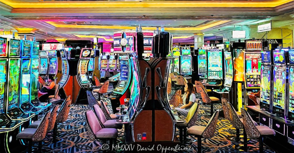 Slot machines at The Venetian Resort casino in Las Vegas, Nevada - © 2025 David Oppenheimer - Performance Impressions casino photography archives - https://performanceimpressions.com slot machines, slots, lights, lighting, casino lights, machines, The Venetian, Venetian, Venetian casino, gaming, casino, Las Vegas, Nevada, slots, odds, win, gambling, wager, bet, luck, jackpot, gamble, one-armed bandit, hotel, quick spin, resort, American Gaming Association, AGA, 3355 S Las Vegas Blvd, 89109, bright, colorful, carpet, art, casino art, painting, United States, horizontal, color, 1-14977862771