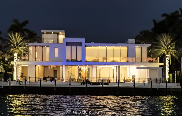 2412 Laguna Dr luxury waterfront estate in Harbor Beach neighborhood in Las Olas in Fort Lauderdale, Florida - © 2024 David Oppenheimer - Performance Impressions photography archives - https://performanceimpressions.com 2412 Laguna Dr, 2412 Laguna Drive, Harbor Beach, neighborhood, Fort Lauderdale, Florida, estate, facade, waterfront, mansion, luxury real estate, real estate, Fort Lauderdale real estate, dock, dockage, home, house, stunning, Intracoastal, Intracoastal Waterway, gated community, community, private community, waterfront estate, private, prestigious, balcony, balconies, windows, 33316, South Florida, Broward County, security, Las Olas, Randall Stofft Architects, Sarkela Corp, contemporary, modern, exclusive, property, peninsula, luxury estate, smart home, resort-style, outdoor living, Atlantic Laguna Holdings, CrossCountry, Ronald J. Leonhardt Jr., Stranahan River, Fort Lauderdale Sandbar, East Fort Lauderdale, architecture, sunset, palm trees, tropical, grounds, yard, night, lights, lighting, lit up, David Oppenheimer, color, horizontal, United States, VAu 1-530-124, 1-13553735171,