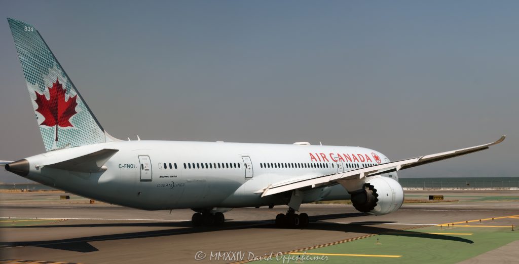 Air Canada Boeing 787 Dreamliner C-FNOI at San Francisco International Airport - © 2024 David Oppenheimer - Performance Impressions photography archives - https://performanceimpressions.com Air Canada, Boeing 787, 787-9, Boeing 787-9, Dreamliner, C-FNOI, jet, aircraft, airplane, plane, aviation, flight, fly, travel, air travel, SFO, San Francisco International Airport, San Francisco, Bay Area, 834, taxiing, runway, AC.TO, 787 Dreamliner, widebody, Boeing, BA stock, California, horizontal, airport, color, United States, 1-13985601741,