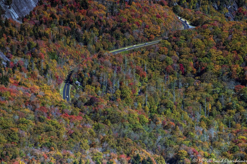 Blue Ridge Parkway Along Grandfather Mountain with Peak Autumn Colors Aerial View