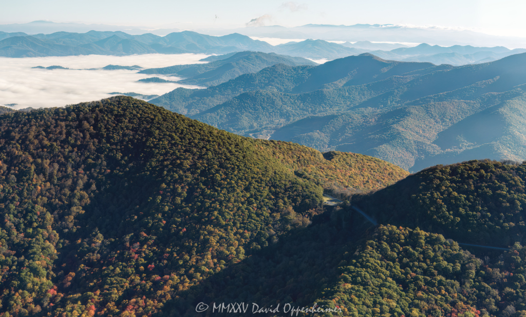 Blue Ridge Parkway Grassy Ridge Mine Overlook with Cloud Inversion over Hazelwood and Waynesville Aerial View