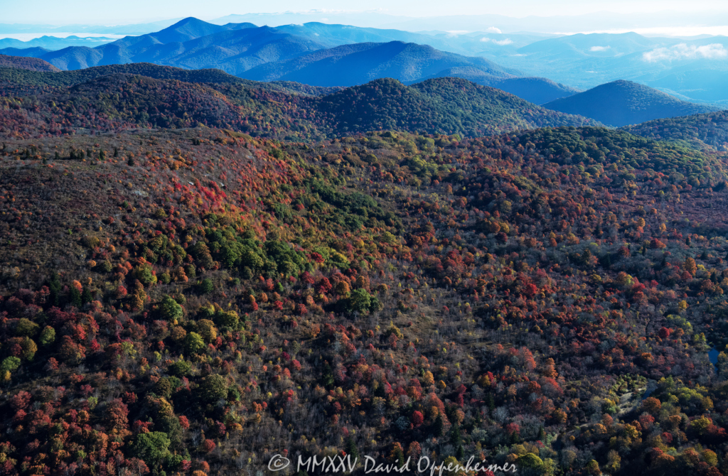 Blue Ridge Parkway Graveyards Fields with Peak Autumn Color Aerial View