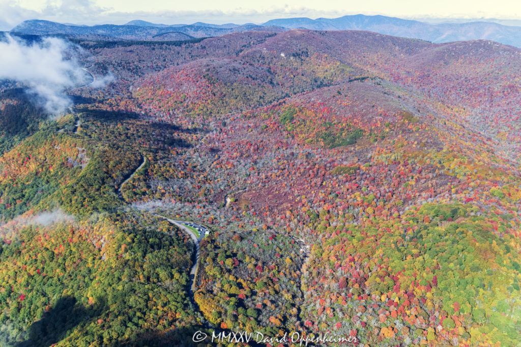 Blue Ridge Parkway Graveyards Fields with Peak Autumn Color Aerial View