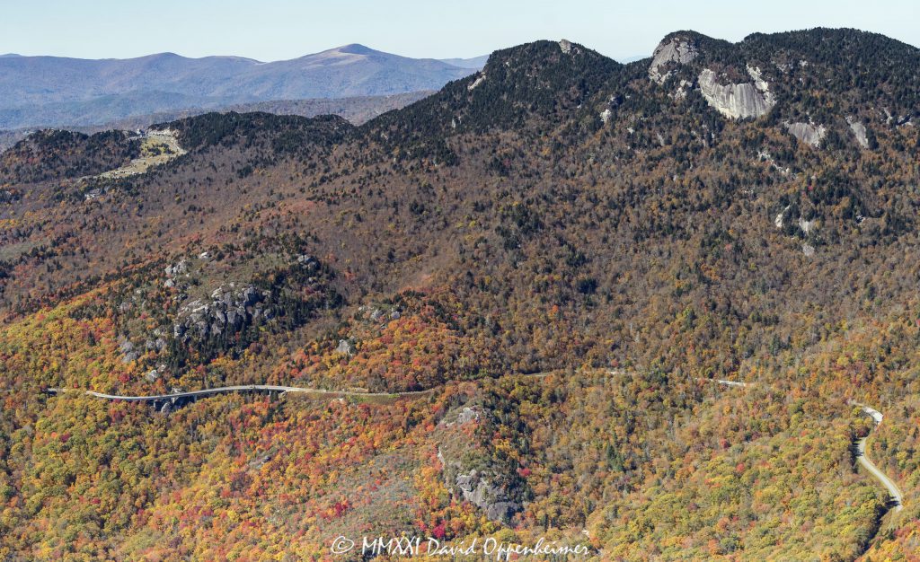 Grandfather Mountain and the Linn Cove Viaduct section of the Blue Ridge Parkway Aerial View