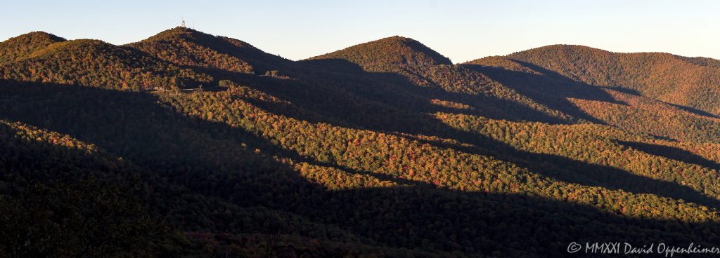 Late Day Sun and Shadows on Ridgelines Along the Blue Ridge Parkway with Autumn Colors