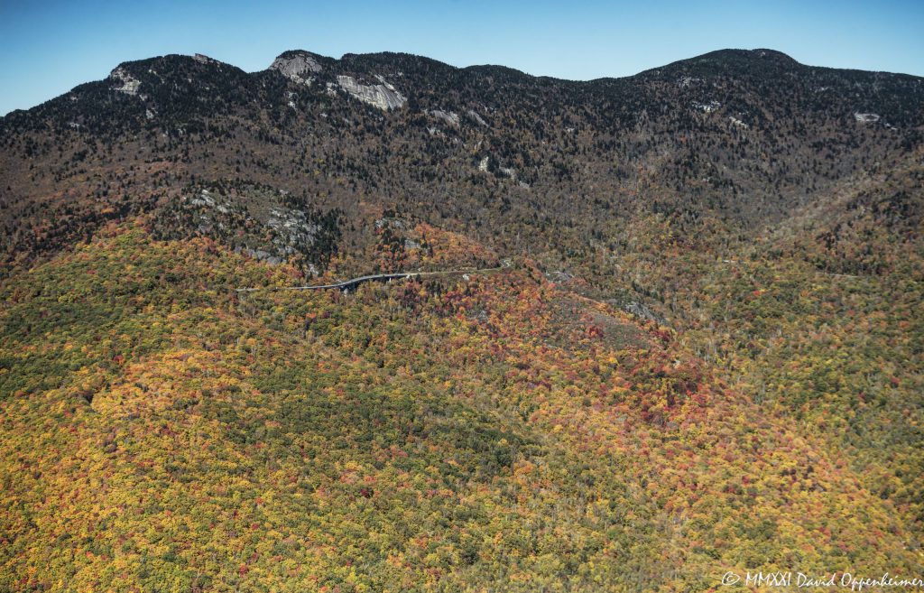 Grandfather Mountain and the Linn Cove Viaduct section of the Blue Ridge Parkway Aerial View