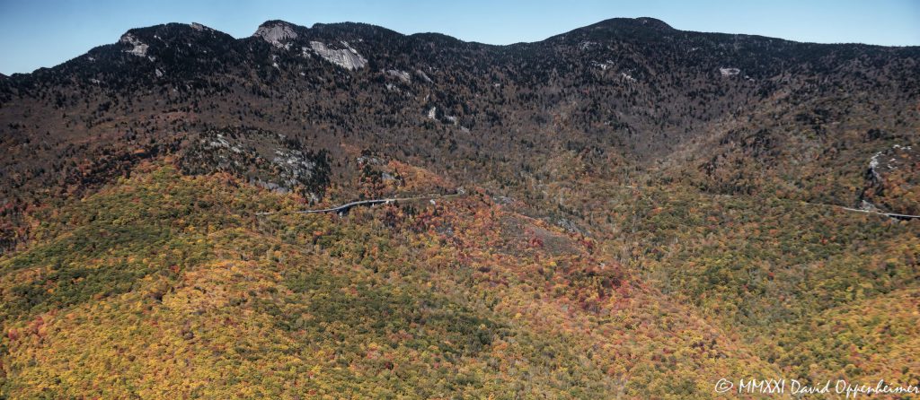 Grandfather Mountain and the Linn Cove Viaduct section of the Blue Ridge Parkway Aerial View