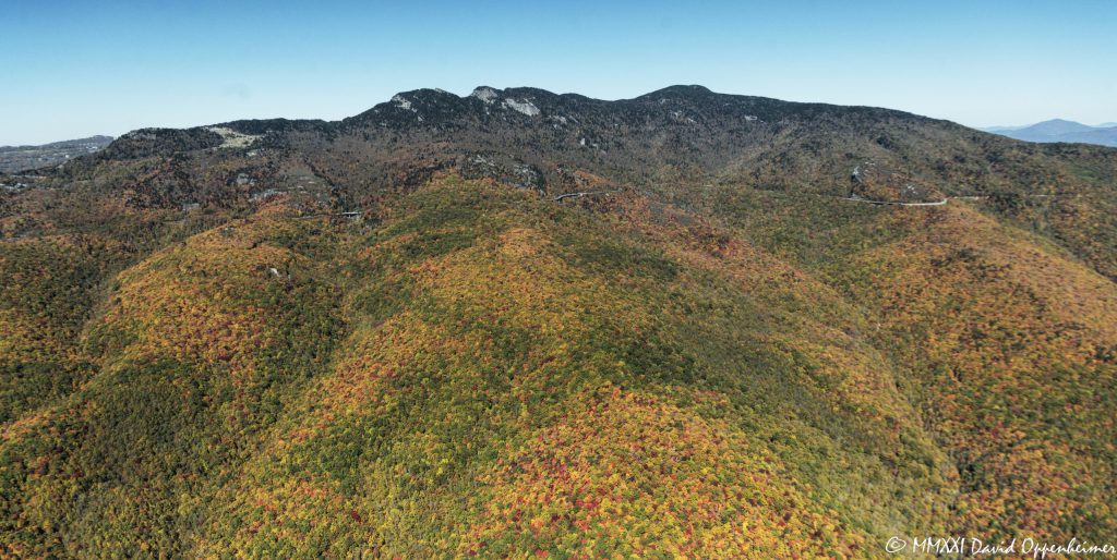 Grandfather Mountain and the Linn Cove Viaduct section of the Blue Ridge Parkway Aerial View