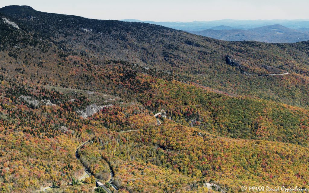 Grandfather Mountain and the Linn Cove Viaduct section of the Blue Ridge Parkway Aerial View