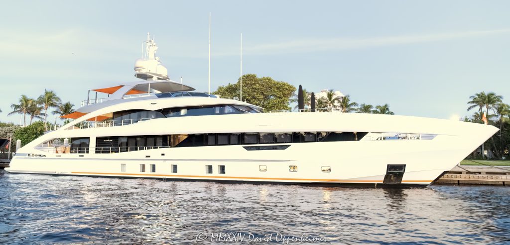 Robert H. Book’s superyacht Book Ends by Heesen Yachts and Omega Architects docked by Bahia Mar Yachting Center, the Freedom Boat Club, and American Sea Toys Yacht Management at 801 Seabreeze Blvd in Fort Lauderdale, Florida - © 2024 David Oppenheimer - Performance Impressions photography archives - https://performanceimpressions.com Book Ends, Book Ends yacht, Bob Book, Bob Book’s yacht, Heesen Book Ends, superyacht, Amy Book, Project Ruya, Jet Support Services, yacht, JSSI, Heesen Yachts, megayacht, yachting, ship, vessel, Robert Book, Robert H. Book, Robert H. Book’s yacht, 200 Fiesta Way, Book Capital, Book Capital Enterprises, Book-Ends, Axxes Capital, R.H. Book LLC, 1848Capital Partners, capital, investing, investments, hedge funds, private equity, Nurmi Isles, motor yacht, neighborhood, Bahia Mar, Freedom Boat Club, marina, Fort Lauderdale, Florida, 00008278, Bahia Mar Yachting Center, Amy Ann Book, boat, estate, facade, waterfront, mansion, luxury real estate, real estate, Fort Lauderdale real estate, dock, dockage, home, house, stunning, Intracoastal, Intracoastal Waterway, American Sea Toys Yacht Management, American Sea Toys, gated community, community, private community, waterfront estate, private, prestigious, balcony, balconies, windows, 33301, 33316, South Florida, Broward County, security, contemporary, modern, exclusive, property, peninsula, luxury estate, smart home, resort-style, outdoor living, New River, East Fort Lauderdale, architecture, sunset, palm trees, tropical, grounds, yard, night, lights, lighting, lit up, New River Sound, harbor, deepsea, deepwater, deep water, David Oppenheimer, color, horizontal, United States, VAu 1-530-124, 1-13553735171,