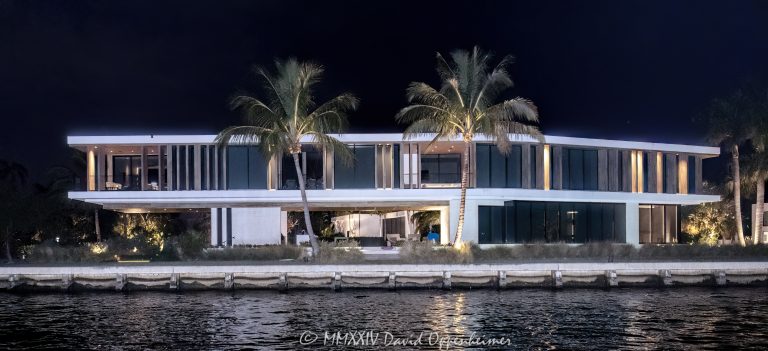 Brad Tuckman and Shona Tuckman’s cantilevered house at 516 Mola Ave in Fort Lauderdale Florida - © 2024 David Oppenheimer - Performance Impressions photography archives - https://performanceimpressions.com 516 Mola Ave, cantilevered house, cantilevered, Brad Tuckman, Shona Tuckman, Brad Tuckman’s house, 0211140040, Wayne Huizenga, design, overhang, architecture, architectural, Las Olas Isles, Mola Canal, Riva Canal, canal, Coastal Risk Consulting, raised lot, flooding, seawall, Mola, Fort Lauderdale, Florida, estate, facade, waterfront, mansion, luxury real estate, real estate, Fort Lauderdale real estate, dock, dockage, home, house, stunning, Intracoastal, Intracoastal Waterway, gated community, community, private community, waterfront estate, private, prestigious, bespoke, balcony, balconies, windows, luxury rental, rental, 33301, South Florida, Broward County, neighborhood, security, contemporary, modern, exclusive, property, peninsula, luxury estate, smart home, resort-style, outdoor living, New River, East Fort Lauderdale, sunset, palm trees, tropical, grounds, yard, David Oppenheimer, color, horizontal, United States, VAu 1-530-124, 1-13553735171,