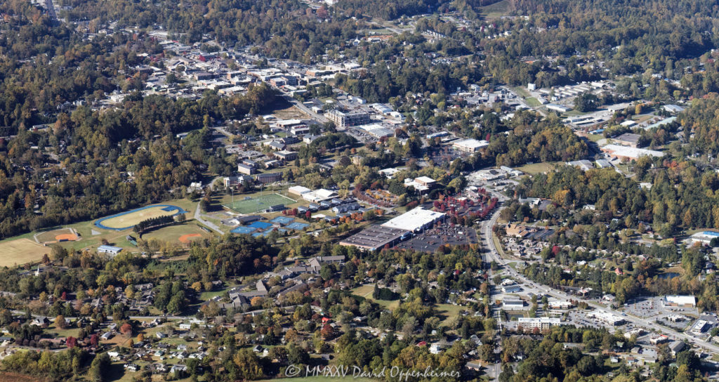 Brevard College and downtown City of Brevard in Transylvania County in Western North Carolina Aerial View