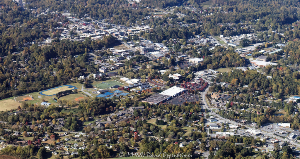 Brevard College and downtown City of Brevard in Transylvania County in Western North Carolina Aerial View
