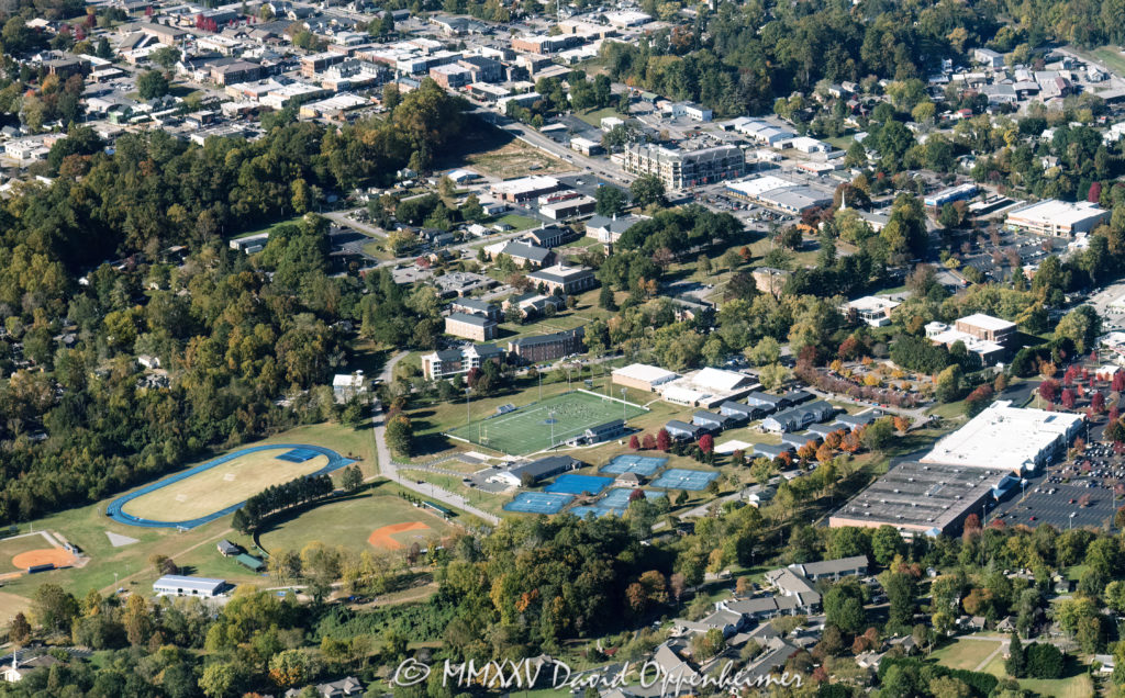 Brevard College and downtown City of Brevard in Transylvania County in Western North Carolina Aerial View