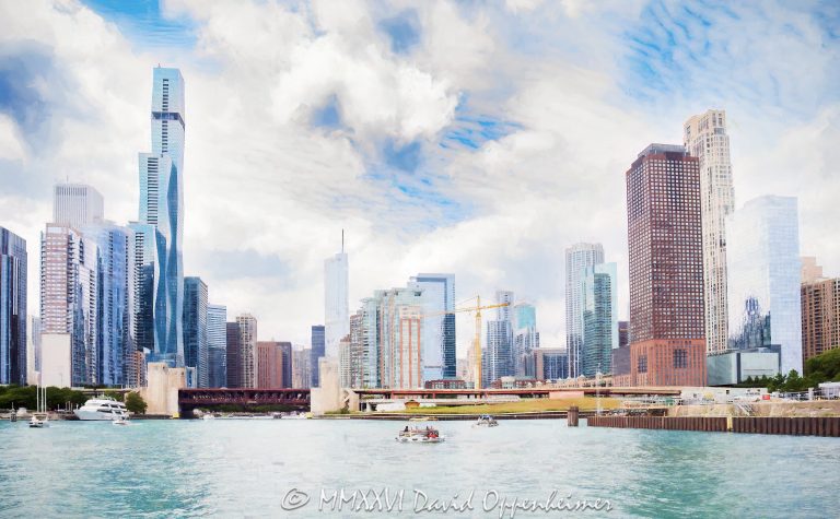 Chicago skyline from Lake Michigan with a painterly photorealism effect, framed by blue-green water and layered summer clouds as pleasure boats move near the Chicago Harbor Lock. Downtown skyscrapers line the lakefront of Chicago, Illinois – © 2026 David Oppenheimer – Performance Impressions photography archives https://performanceimpressions.com Chicago skyline, Lake Michigan, Chicago Harbor Lock, Chicago Lock, Chicago harbor, Chicago River, river mouth, St. Regis Chicago, Vista Tower, Wanda Vista Tower, Lakeshore East, Chicago cityscape, Chicago skyline art, Chicago art, Chicago photography, downtown Chicago, Chicago lakefront, Chicago waterfront, Chicago, Chicago Illinois, Chicago IL, Illinois, skyline, cityscape, landscape, downtown, city, urban, architecture, buildings, skyscrapers, towers, lake, water, harbor, lock, river, lakefront, waterfront, shoreline, horizon, boats, boat, boating, pleasure boats, yachts, yacht, summer, clouds, cloudscape, layered clouds, dramatic clouds, summer clouds, sky, blue sky, weather, atmosphere, photorealism, photorealistic, photorealism effect, painterly, painterly effect, artwork, art, photo art, city art, urban art, skyline art, landscape art, wall art, art print, Chicago print, skyline print, skyline photography, cityscape photography, landscape photography, urban photography, architectural photography, travel, tourism, destination, recreation, United States, licensing, image licensing, commercial imagery, photography licensing, print, fine art, commercial photography, David Oppenheimer, horizontal, 1-15213827141