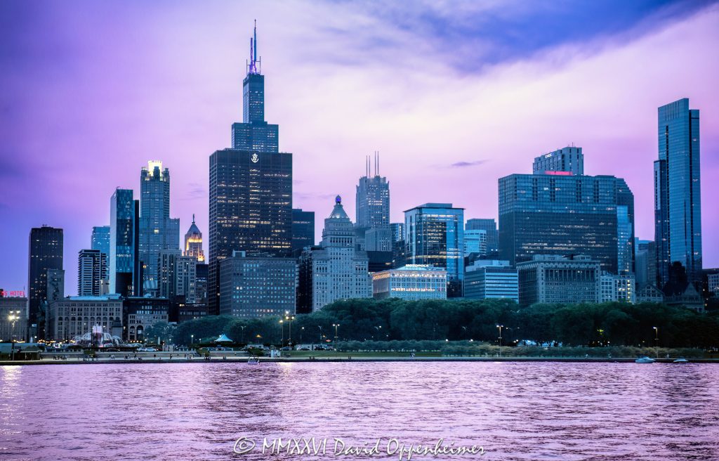 South Loop Chicago Skyline Beyond Grant Park at Blue Hour
