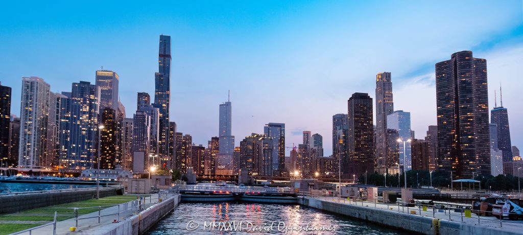 Chicago Harbor Lock with Chicago Skyline at Sunset