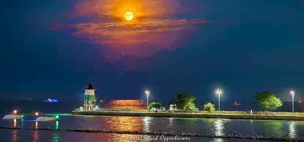 Full Moon Rising Over Chicago Harbor Southeast Guidewall Lighthouse