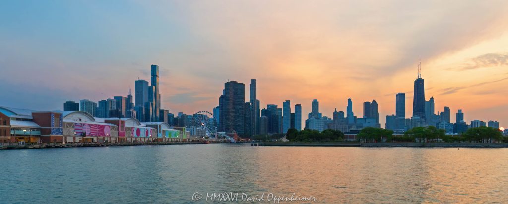 Navy Pier with Chicago Skyline at Sunset