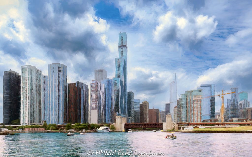 Chicago skyline from Lake Michigan in impressionistic summer light, looking across Chicago Harbor toward the mouth of the Chicago River beneath late-afternoon summer clouds. The Franklin Delano Roosevelt Memorial Bridge, boats, and lakefront and riverfront towers frame the downtown cityscape in Chicago, Illinois – © 2026 David Oppenheimer – Performance Impressions photography archives https://performanceimpressions.com Chicago skyline from Lake Michigan, Chicago skyline, Chicago cityscape, cityscape, Chicago skyline art, Chicago cityscape art, Chicago art, Lake Michigan, Chicago Harbor, Chicago Harbor skyline, Chicago Harbor cityscape, Chicago River mouth, mouth of Chicago River, Chicago River, Chicago lakefront, Chicago riverfront, Chicago waterfront, Chicago coastline, Chicago coast, Chicago harbor, DuSable Harbor, Chicago Harbor Lock, harbor, lake, river, water, lakefront, riverfront, waterfront, coastline, shoreline, downtown Chicago, Lakeshore East, New Eastside, Streeterville, Near North Side, Chicago Loop, Loop Chicago, East Wacker Drive, Wacker Drive, DuSable Lake Shore Drive, Lake Shore Drive, Chicago, Chicago Illinois, Chicago IL, Illinois, 60601, 60611, skyline, architecture, buildings, skyscrapers, towers, high rise, residential towers, office towers, hotel towers, glass towers, vertical towers, urban landscape, landscape, city, urban, bridge, bascule bridge, drawbridge, infrastructure, Franklin Delano Roosevelt Memorial Bridge, FDR Bridge, Outer Drive Bridge, Link Bridge, DuSable Lake Shore Drive bridge, Riverwalk Gateway, Ellen Lanyon, Ellen Lanyon Riverwalk Gateway, Chicago Riverwalk, Riverwalk, DuSable Park, Jean Baptiste Pointe DuSable Park, North Breakwater Access, Chicago Harbor breakwater, boats, boat, boating, harbor boats, summer, summer light, late afternoon, late day, summer clouds, dramatic clouds, cloudscape, blue sky, clouds, impressionistic, impressionistic light, impressionistic skyline, impressionistic cityscape, painterly, painterly effect, photorealism, photorealistic, skyline art, cityscape art, landscape art, artwork, wall art, art print, fine art print, Chicago print, skyline print, The St. Regis Chicago, St Regis Chicago, Vista Tower, Wanda Vista Tower, 401 East Wacker Drive, Aon Center, Standard Oil Building, Amoco Building, 200 East Randolph Street, Harbor Point, Harbor Point Condominiums, 155 North Harbor Drive, 155 N Harbor Drive, North Harbor Tower, 175 North Harbor Drive, 175 N Harbor Drive, ParkShore Condominiums, ParkShore, 195 North Harbor Drive, 195 N Harbor Drive, Cascade, Cascade Lakeshore East, Cascade Apartments, 455 East Waterside Drive, The Chandler, Chandler Condominiums, 450 East Waterside Drive, The Regatta, 420 East Waterside Drive, Riverview Condominiums, 415 East North Water Street, 151 East Wacker Drive, Hyatt Regency Chicago, 400 Lake Shore, 400 Lake Shore Drive, 400 N Lake Shore Drive, Chicago Spire, construction crane, construction, real estate, Chicago real estate, lakefront real estate, riverfront real estate, residential real estate, commercial real estate, Studio Gang, Jeanne Gang, Magellan Development, bKL Architecture, bKL Architects, Gensler, Loewenberg Architects, Solomon Cordwell Buenz, SCB, Skidmore Owings Merrill, SOM, David Childs, Stantec, Related Midwest, Lendlease, Edward Durell Stone, Perkins Will, Joseph Strauss, skyline photography, cityscape photography, architectural photography, landscape photography, lakefront photography, riverfront photography, travel, tourism, destination, United States, licensing, image licensing, commercial imagery, photography licensing, art, print, fine art, commercial photography, David Oppenheimer, horizontal, 1-15213827141