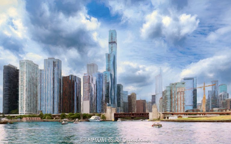 Chicago skyline from Lake Michigan in impressionistic summer light, looking across Chicago Harbor toward the mouth of the Chicago River beneath late-afternoon summer clouds. The Franklin Delano Roosevelt Memorial Bridge, boats, and lakefront and riverfront towers frame the downtown cityscape in Chicago, Illinois – © 2026 David Oppenheimer – Performance Impressions photography archives https://performanceimpressions.com Chicago skyline from Lake Michigan, Chicago skyline, Chicago cityscape, cityscape, Chicago skyline art, Chicago cityscape art, Chicago art, Lake Michigan, Chicago Harbor, Chicago Harbor skyline, Chicago Harbor cityscape, Chicago River mouth, mouth of Chicago River, Chicago River, Chicago lakefront, Chicago riverfront, Chicago waterfront, Chicago coastline, Chicago coast, Chicago harbor, DuSable Harbor, Chicago Harbor Lock, harbor, lake, river, water, lakefront, riverfront, waterfront, coastline, shoreline, downtown Chicago, Lakeshore East, New Eastside, Streeterville, Near North Side, Chicago Loop, Loop Chicago, East Wacker Drive, Wacker Drive, DuSable Lake Shore Drive, Lake Shore Drive, Chicago, Chicago Illinois, Chicago IL, Illinois, 60601, 60611, skyline, architecture, buildings, skyscrapers, towers, high rise, residential towers, office towers, hotel towers, glass towers, vertical towers, urban landscape, landscape, city, urban, bridge, bascule bridge, drawbridge, infrastructure, Franklin Delano Roosevelt Memorial Bridge, FDR Bridge, Outer Drive Bridge, Link Bridge, DuSable Lake Shore Drive bridge, Riverwalk Gateway, Ellen Lanyon, Ellen Lanyon Riverwalk Gateway, Chicago Riverwalk, Riverwalk, DuSable Park, Jean Baptiste Pointe DuSable Park, North Breakwater Access, Chicago Harbor breakwater, boats, boat, boating, harbor boats, summer, summer light, late afternoon, late day, summer clouds, dramatic clouds, cloudscape, blue sky, clouds, impressionistic, impressionistic light, impressionistic skyline, impressionistic cityscape, painterly, painterly effect, photorealism, photorealistic, skyline art, cityscape art, landscape art, artwork, wall art, art print, fine art print, Chicago print, skyline print, The St. Regis Chicago, St Regis Chicago, Vista Tower, Wanda Vista Tower, 401 East Wacker Drive, Aon Center, Standard Oil Building, Amoco Building, 200 East Randolph Street, Harbor Point, Harbor Point Condominiums, 155 North Harbor Drive, 155 N Harbor Drive, North Harbor Tower, 175 North Harbor Drive, 175 N Harbor Drive, ParkShore Condominiums, ParkShore, 195 North Harbor Drive, 195 N Harbor Drive, Cascade, Cascade Lakeshore East, Cascade Apartments, 455 East Waterside Drive, The Chandler, Chandler Condominiums, 450 East Waterside Drive, The Regatta, 420 East Waterside Drive, Riverview Condominiums, 415 East North Water Street, 151 East Wacker Drive, Hyatt Regency Chicago, 400 Lake Shore, 400 Lake Shore Drive, 400 N Lake Shore Drive, Chicago Spire, construction crane, construction, real estate, Chicago real estate, lakefront real estate, riverfront real estate, residential real estate, commercial real estate, Studio Gang, Jeanne Gang, Magellan Development, bKL Architecture, bKL Architects, Gensler, Loewenberg Architects, Solomon Cordwell Buenz, SCB, Skidmore Owings Merrill, SOM, David Childs, Stantec, Related Midwest, Lendlease, Edward Durell Stone, Perkins Will, Joseph Strauss, skyline photography, cityscape photography, architectural photography, landscape photography, lakefront photography, riverfront photography, travel, tourism, destination, United States, licensing, image licensing, commercial imagery, photography licensing, art, print, fine art, commercial photography, David Oppenheimer, horizontal, 1-15213827141