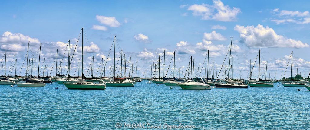 Chicago Yacht Club and Sailboats on Monroe Harbor in Summer