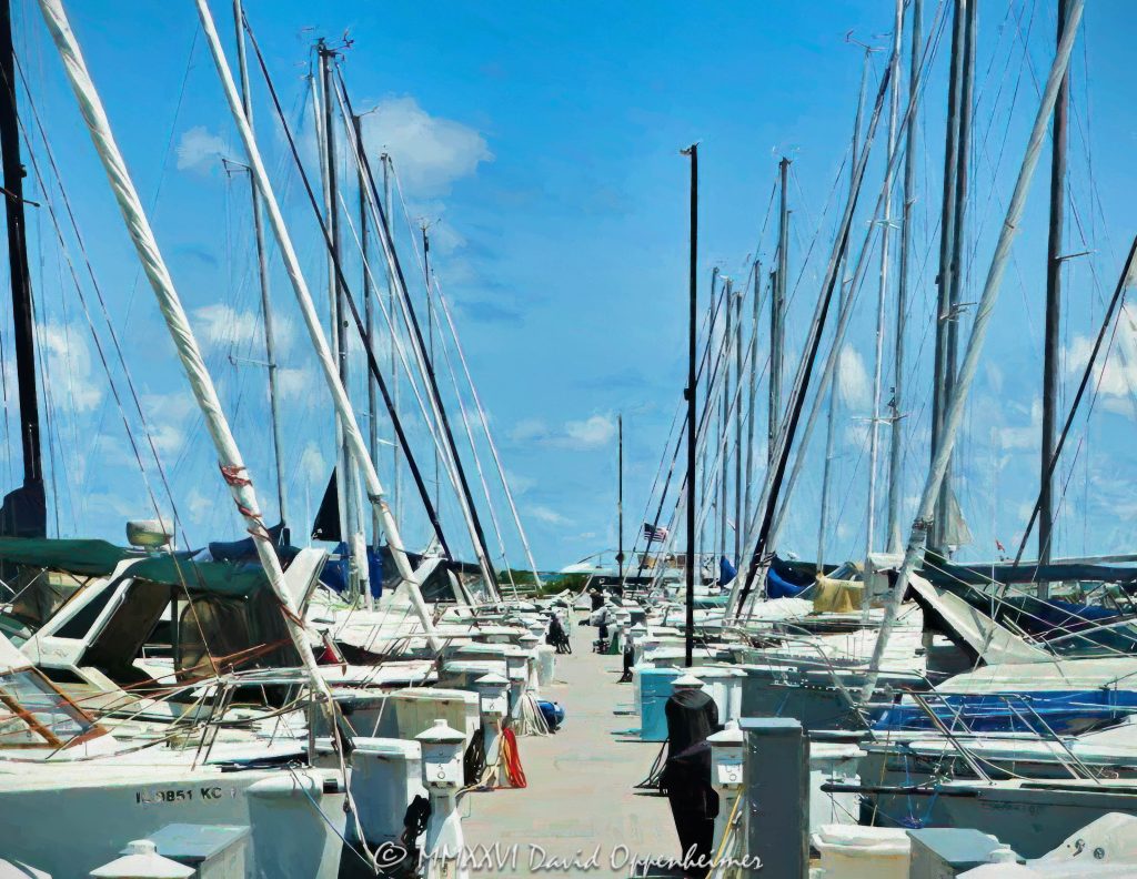 Chicago Yacht Club and Sailboats on Monroe Harbor in Summer