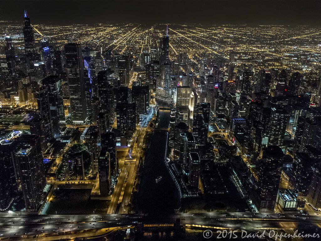 Chicago Night Skyline and Chicago River Aerial Photo