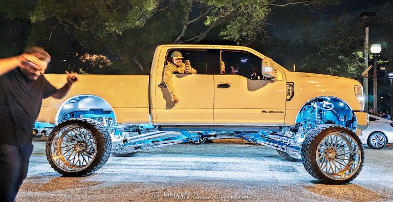 Custom lifted skatin’ Ford F250 in Fort Lauderdale, Florida - © 2024 David Oppenheimer - Performance Impressions photography archives - https://performanceimpressions.com F250, Custom F250, lifted, lifted F250, custom lifted, lifted truck, Ford, Ford F250, lowrider, custom build, skatin’, skatin, skating, custom, rig, mod, build, lighting, murdered-out, rims, wheels, shoes, tires, nightlife, night life, cruzin, cruising, lift kit, Fort Lauderdale, South Florida, Miami, Florida, low profile, low profile tires, low pro, street, rolling, tricked-out, off-road, street-style, skates, on skates, decked-out, decked out, shocks, struts, strutting, four-door, 4 door, rims, Ford Motor Company, downtown, Downtown Fort Lauderdale, David Oppenheimer, color, horizontal, United States, VAu 1-530-124, 1-13553735171,