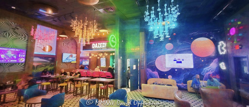 Dazed! Lounge at Planet 13 Cannabis Dispensary in Las Vegas Dazed! Lounge at Planet 13 cannabis consumption lounge and dispensary in Las Vegas, Nevada - © 2025 David Oppenheimer - Performance Impressions cannabis photography archives - https://performanceimpressions.com Dazed! Lounge, Dazed!, Dazed Lounge, Planet 13, Planet 13 Las Vegas, Planet 13 consumption lounge, consumption, consumption lounge, first, largest, free, freedom, cannabis, weed, marijuana, dispensary, cannabis dispensary, 2548 W Desert Inn Rd, Suite 100, NV 89109, Las Vegas, shop, dispensary lounge, 420, 420 friendly, smoking lounge, smoking, smoke shop, smoke, puff, vape, blazing, blaze, burn one, twist one, doobie, legal cannabis, legal, Vegas nightlife, bongs, bong chandeliers, cannabis culture, marijuana lounge, interior design, shopping, Vegas, Las Vegas Strip, entertainment, vacation, escape, dream, trippy, psychedelic, bar, weed bar, retail, store, Vegas dispensary, Nevada dispensary, recreational cannabis, legal weed, cannabis bar, neon, blacklight, cannabis lounge, art, fine art, artwork, painting, Nevada, Nevada photography, colorful, wall art, United States, horizontal, colorful, color, 1-14993092111