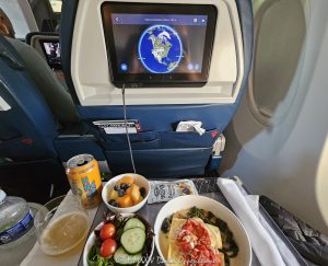 Delta Air Lines onboard dining first class meal at 30,000' - © 2024 David Oppenheimer - Performance Impressions photography archives - https://performanceimpressions.com Delta Air Lines, Delta, onboard dining, dining, meal, first class, first class meal, window seat, raw dogging, rawdogging, DAL, DAL stock, food, map, flight map, seat, beer, salad, fruit, pasta, culinary, dishes, prepared, fine dining, beverage, food & beverage, hot food, snack, eating, 30,000’, altitude, flight, fly, sky, travel, traveling, passenger, style, luxury, onboard, plane, jet, aircraft, David Oppenheimer, horizontal, square, color, United States, 1-13985601741,