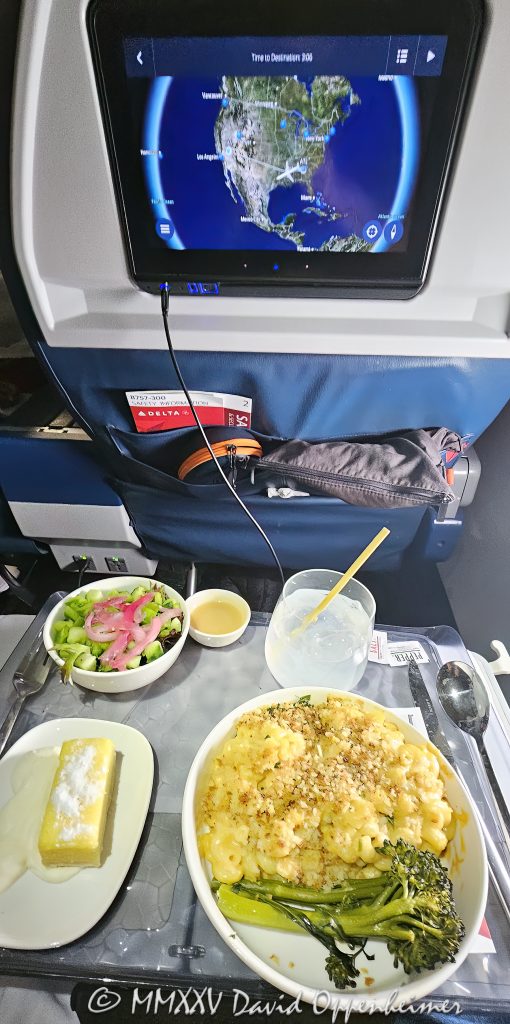 Delta Air Lines First Class Meal on ATL to Las Vegas Route Delta Air Lines first class meal on ATL to Las Vegas route - © 2025 David Oppenheimer - Performance Impressions aviation photography archives - https://performanceimpressions.com Delta Air Lines, Delta, first class meal, meal, first class, salad, drink, banana pudding, pasta, peas, flight, screen, food, plane food, dining, destination, Vegas, Las Vegas, service, route, travel, vacation, flight, cabin, SkyTeam, aviation, Delta SkyTeam, ATL, Delta Air Lines Las Vegas, Nevada, DAL, DAL stock, United States, vertical, color, 1-14993092111