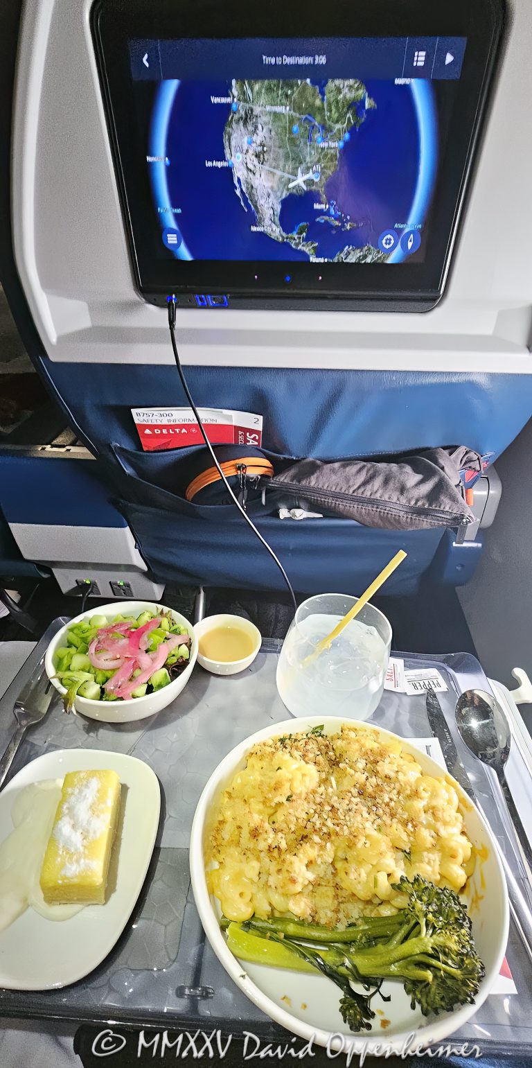 Delta Air Lines first class meal on ATL to Las Vegas route - © 2025 David Oppenheimer - Performance Impressions aviation photography archives - https://performanceimpressions.com Delta Air Lines, Delta, first class meal, meal, first class, salad, drink, banana pudding, pasta, peas, flight, screen, food, plane food, dining, destination, Vegas, Las Vegas, service, route, travel, vacation, flight, cabin, SkyTeam, aviation, Delta SkyTeam, ATL, Delta Air Lines Las Vegas, Nevada, DAL, DAL stock, United States, vertical, color, 1-14993092111