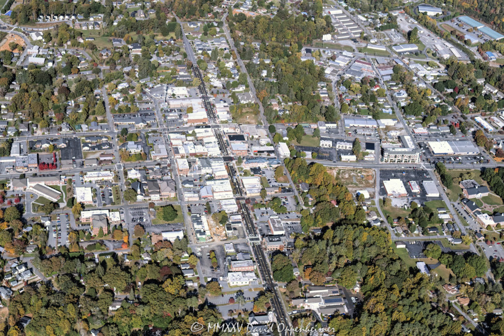 Downtown City of Brevard in Transylvania County in Western North Carolina Aerial View