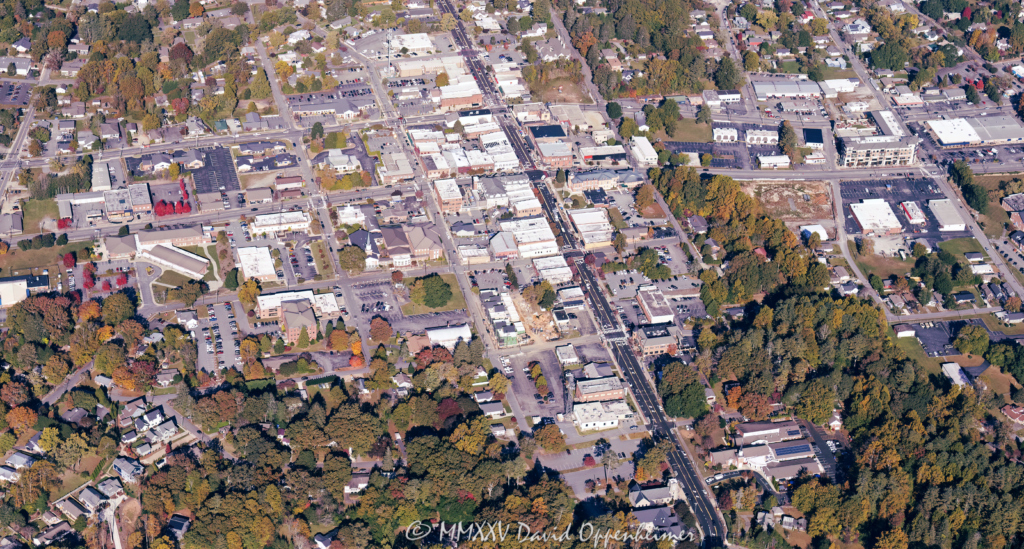 Downtown City of Brevard in Transylvania County in Western North Carolina Aerial View