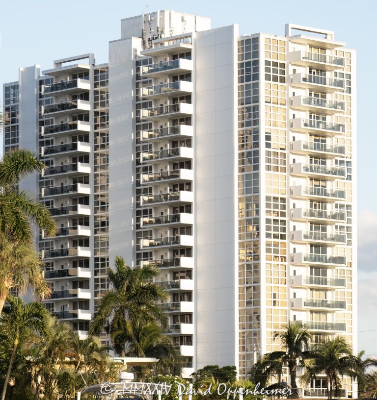 Embassy Tower condominium building at 2701 N Ocean Blvd in Fort Lauderdale, Florida - © 2024 David Oppenheimer - Performance Impressions photography archives - https://performanceimpressions.com Embassy Tower, 2701 N Ocean Blvd, 33308, condos, apartments, condo building, building, architecture, tower, Dolphin Isles, Fort Lauderdale, Florida, facade, waterfront, luxury real estate, real estate, Fort Lauderdale real estate, dock, dockage, home, Intracoastal, Intracoastal Waterway, gated community, community, private community, private, prestigious, balcony, balconies, windows, luxury rental, rental, South Florida, Broward County, neighborhood, security, apartment building, contemporary, modern, exclusive, property, peninsula, luxury condos, resort-style, outdoor living, New River, East Fort Lauderdale, architecture, sunset, palm trees, tropical, David Oppenheimer, color, horizontal, United States, VAu 1-530-124, 1-13553735171,