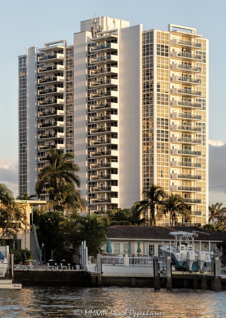 Embassy Tower condominium building at 2701 N Ocean Blvd in Fort Lauderdale, Florida - © 2024 David Oppenheimer - Performance Impressions photography archives - https://performanceimpressions.com Embassy Tower, 2701 N Ocean Blvd, 33308, condos, apartments, condo building, building, architecture, tower, Dolphin Isles, Fort Lauderdale, Florida, facade, waterfront, luxury real estate, real estate, Fort Lauderdale real estate, dock, dockage, home, Intracoastal, Intracoastal Waterway, gated community, community, private community, private, prestigious, balcony, balconies, windows, luxury rental, rental, South Florida, Broward County, neighborhood, security, apartment building, contemporary, modern, exclusive, property, peninsula, luxury condos, resort-style, outdoor living, New River, East Fort Lauderdale, architecture, sunset, palm trees, tropical, David Oppenheimer, color, horizontal, United States, VAu 1-530-124, 1-13553735171,