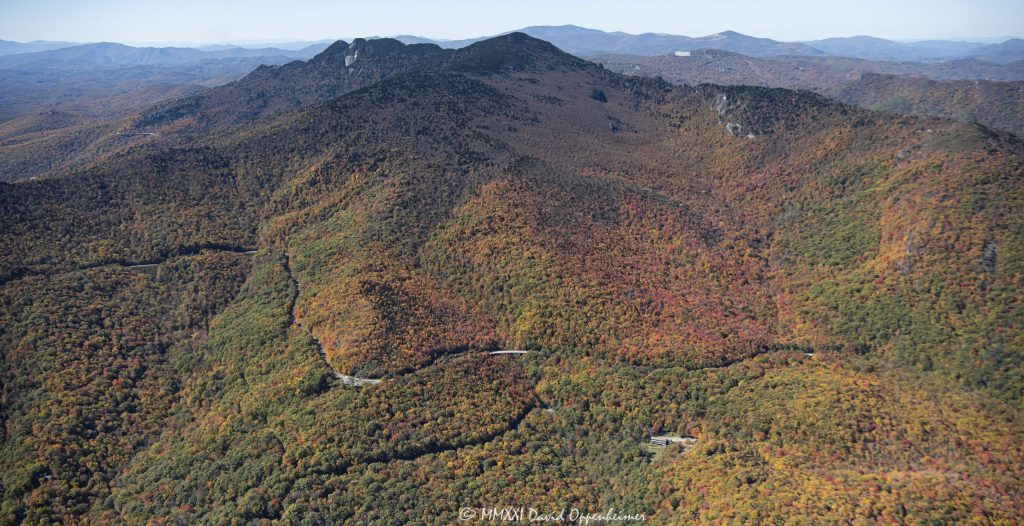 Grandfather Mountain and the Linn Cove Viaduct section of the Blue Ridge Parkway Aerial View