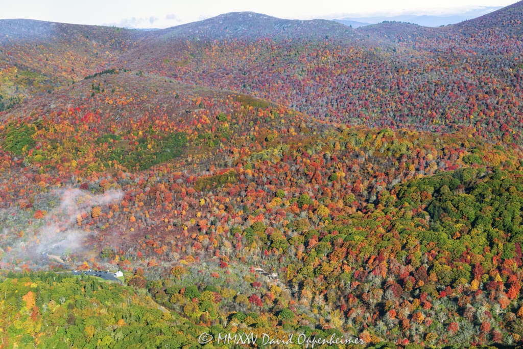 Blue Ridge Parkway Graveyards Fields with Peak Autumn Color Aerial View