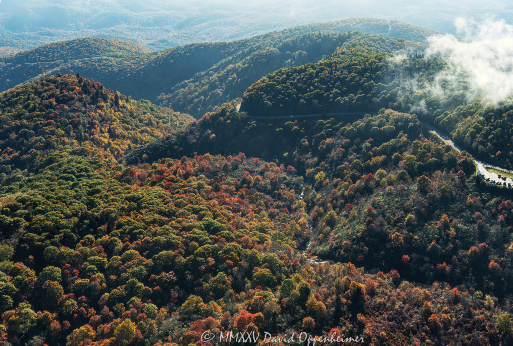Blue Ridge Parkway Graveyards Fields with Peak Autumn Color Aerial View