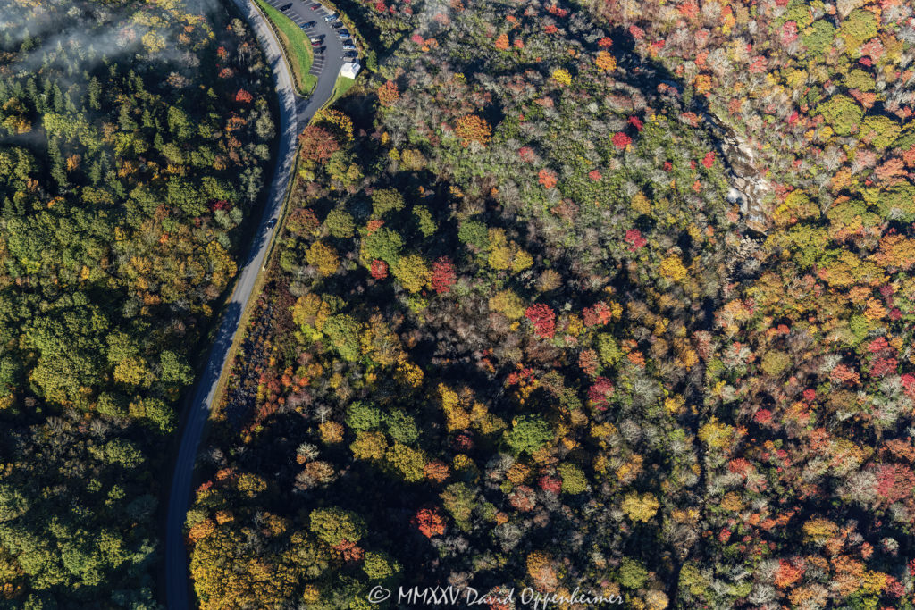 Blue Ridge Parkway Graveyards Fields with Peak Autumn Color Aerial View