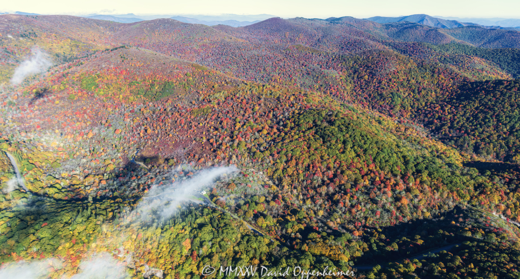 Blue Ridge Parkway Graveyards Fields with Peak Autumn Color Aerial View