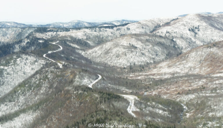 Graveyard Fields Blue Ridge Parkway snow aerial view